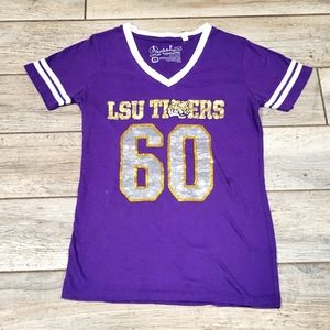 LSU Tigers 60 Womens blinged V neck Lg purple t shirt